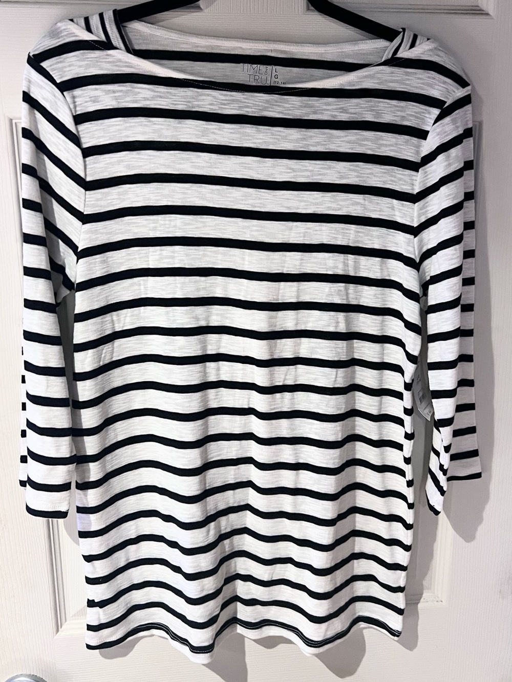 Time and Tru White and Black Striped Boatneck Top Size Large NWT